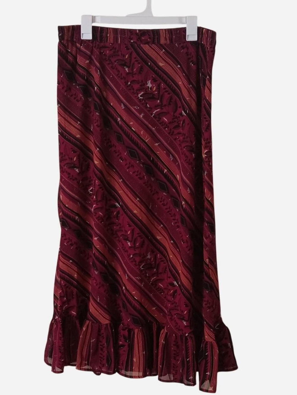 Gunit - Patterned Maxi Skirt with Ruffle Hem - Burgundy - Large